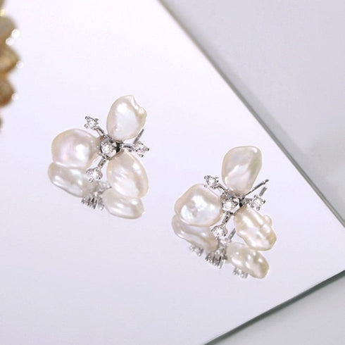 Three-Leaf Flower Keshi Pearl Petal Earrings